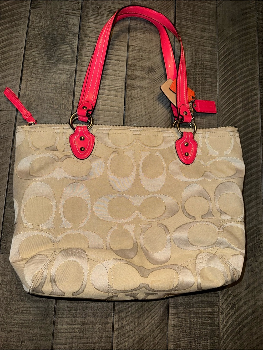 Coach Beige Signature Shoulder Bag with Hot Pink Trim Madison Line Collection - Picture 4 of 5